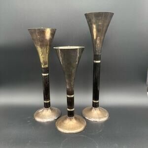 Vtg Tiered Pillar Candlesticks Distressed Black Wood Silverplate Base & Top S/3